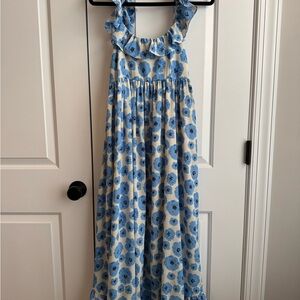 Entro | Happy Memories Blue Floral Ruffle Midi Dress NWT
